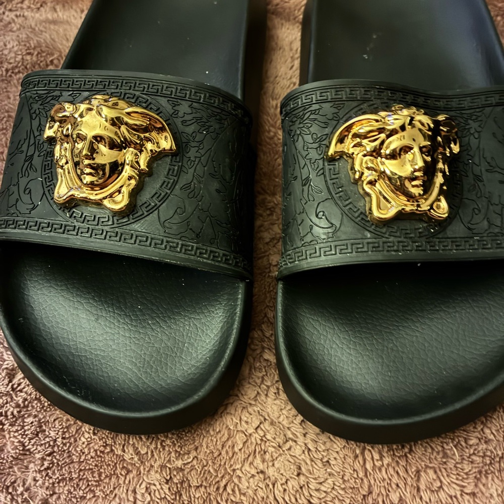 Versace Men's Black Sandals with Gold Medusa Emblem